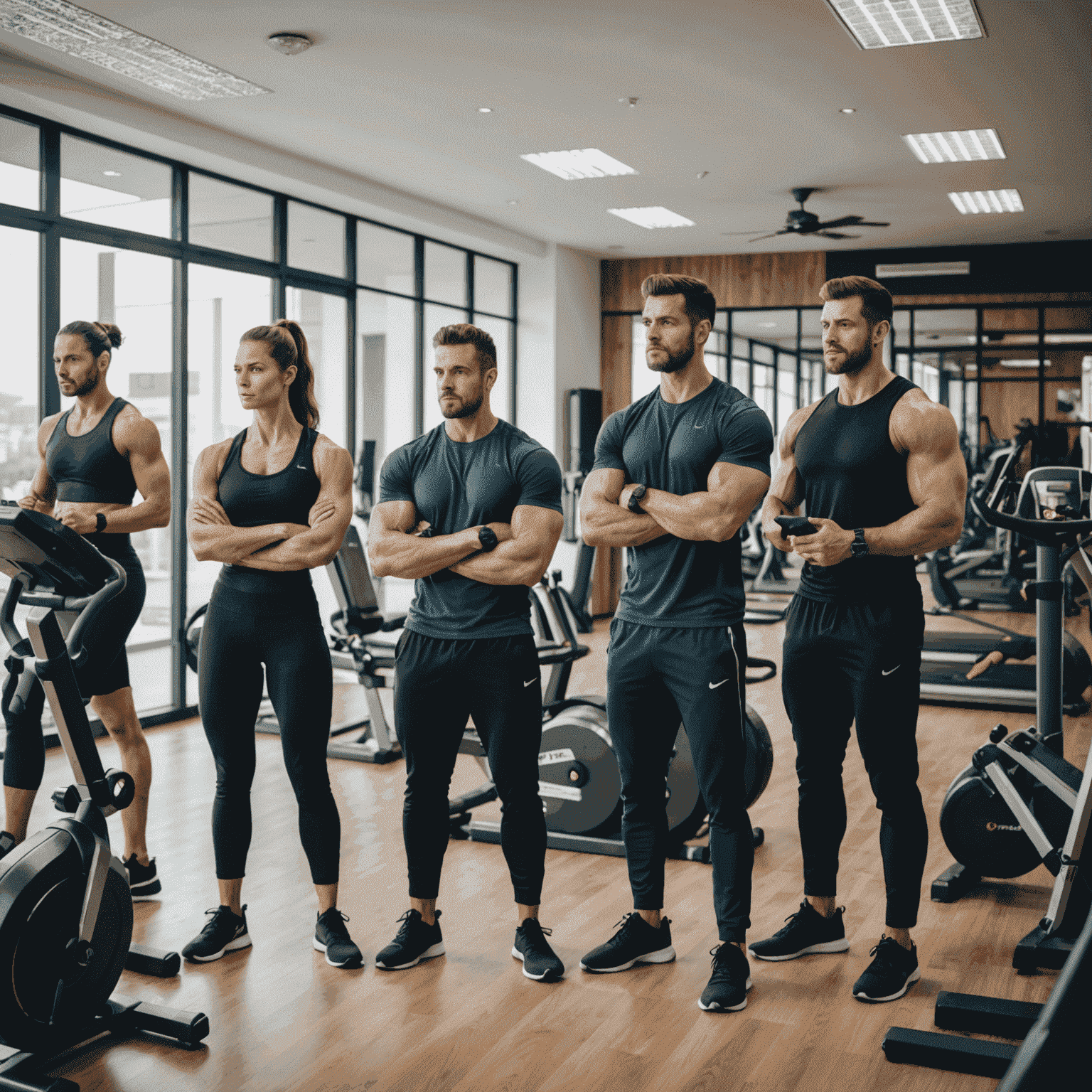 Equipe do apuesta Fitness em um moderno escritório no Brasil, cercada por diversos equipamentos de ginástica. A imagem mostra uma equipe diversificada de especialistas em fitness, vestidos de forma profissional, analisando e discutindo sobre diferentes peças de equipamento.