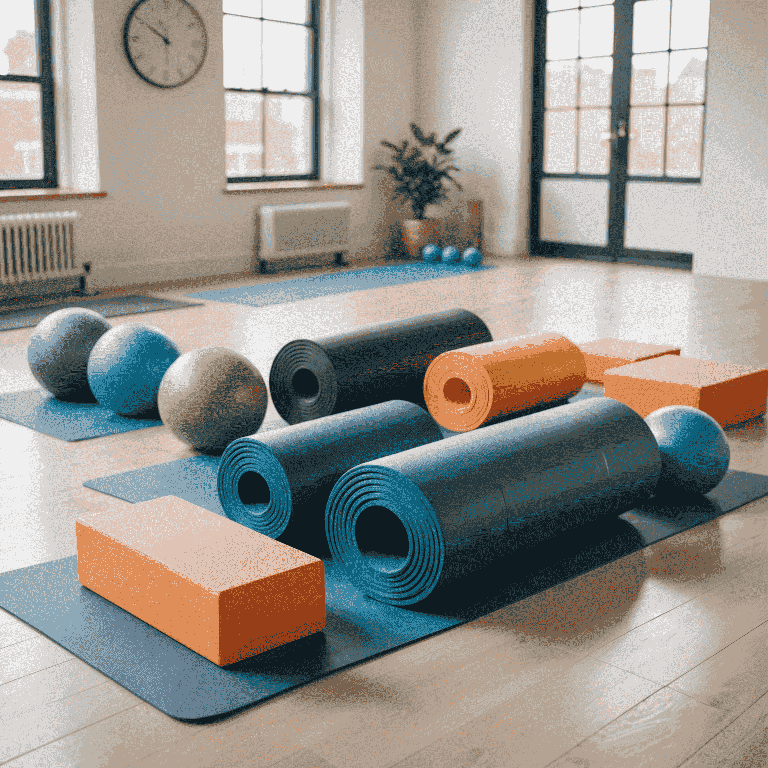 Diversos equipamentos de yoga e pilates, incluindo tapetes, blocos, faixas elásticas e bolas de exercício dispostos em um estúdio limpo e bem iluminado