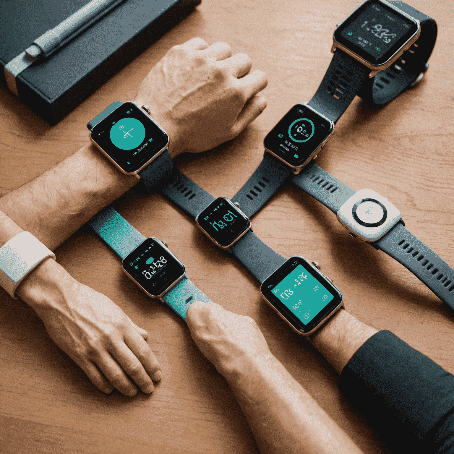 Diversos dispositivos vestíveis de fitness, incluindo smartwatches e pulseiras de atividade, exibindo métricas de saúde em suas telas