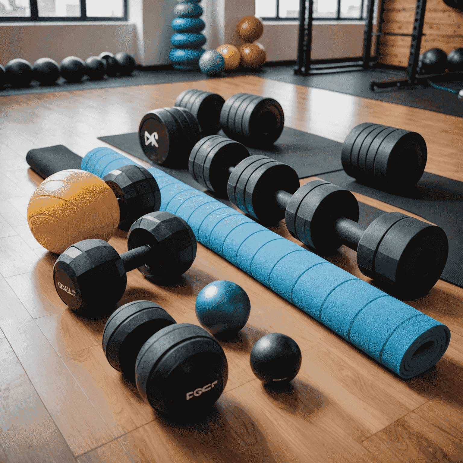 Diversos equipamentos de recuperação muscular, incluindo rolos de espuma, bolas de massagem e faixas elásticas dispostos em um ambiente de academia