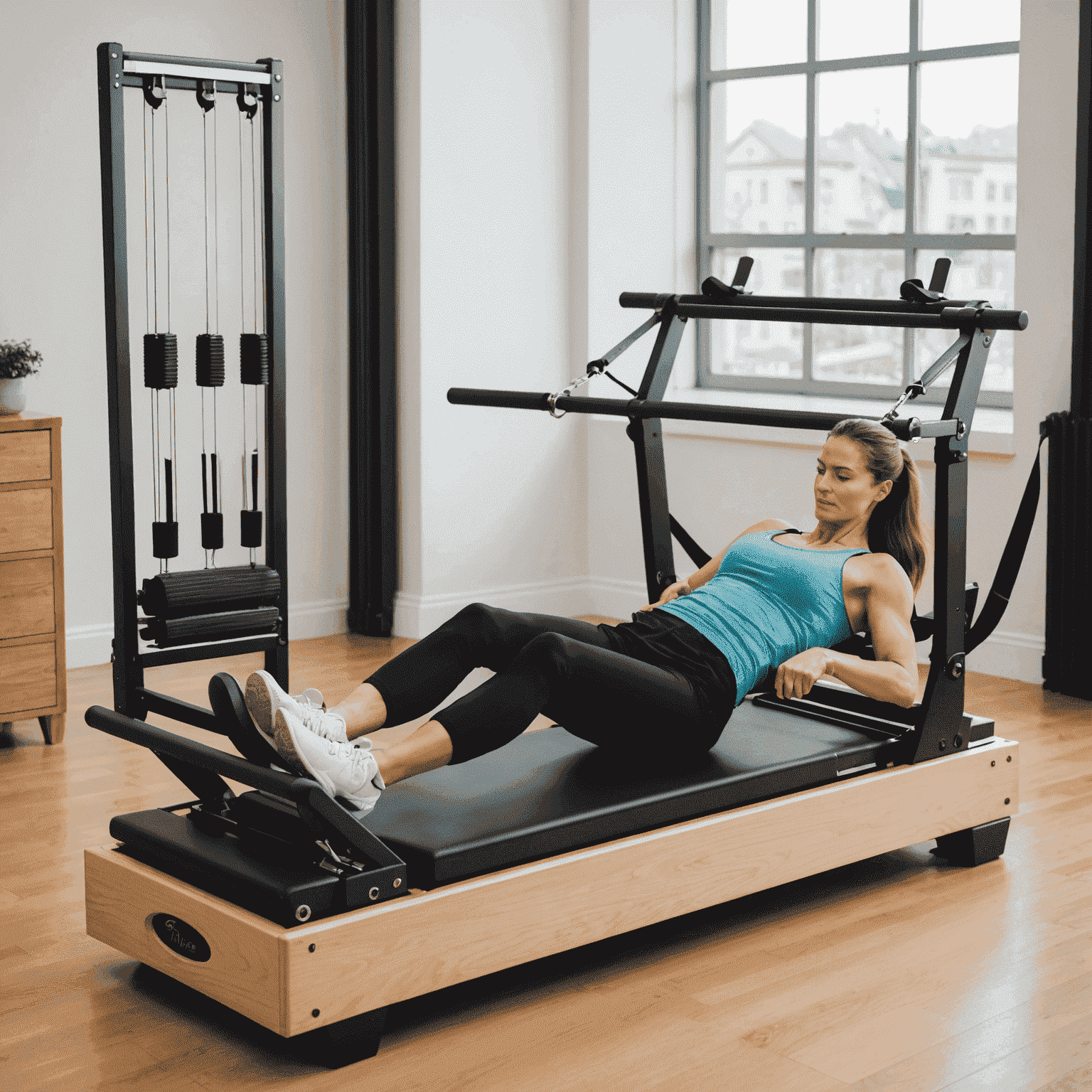 Uma pessoa demonstrando o uso correto de um reformer de pilates, realizando um exercício que trabalha os músculos das pernas e do core