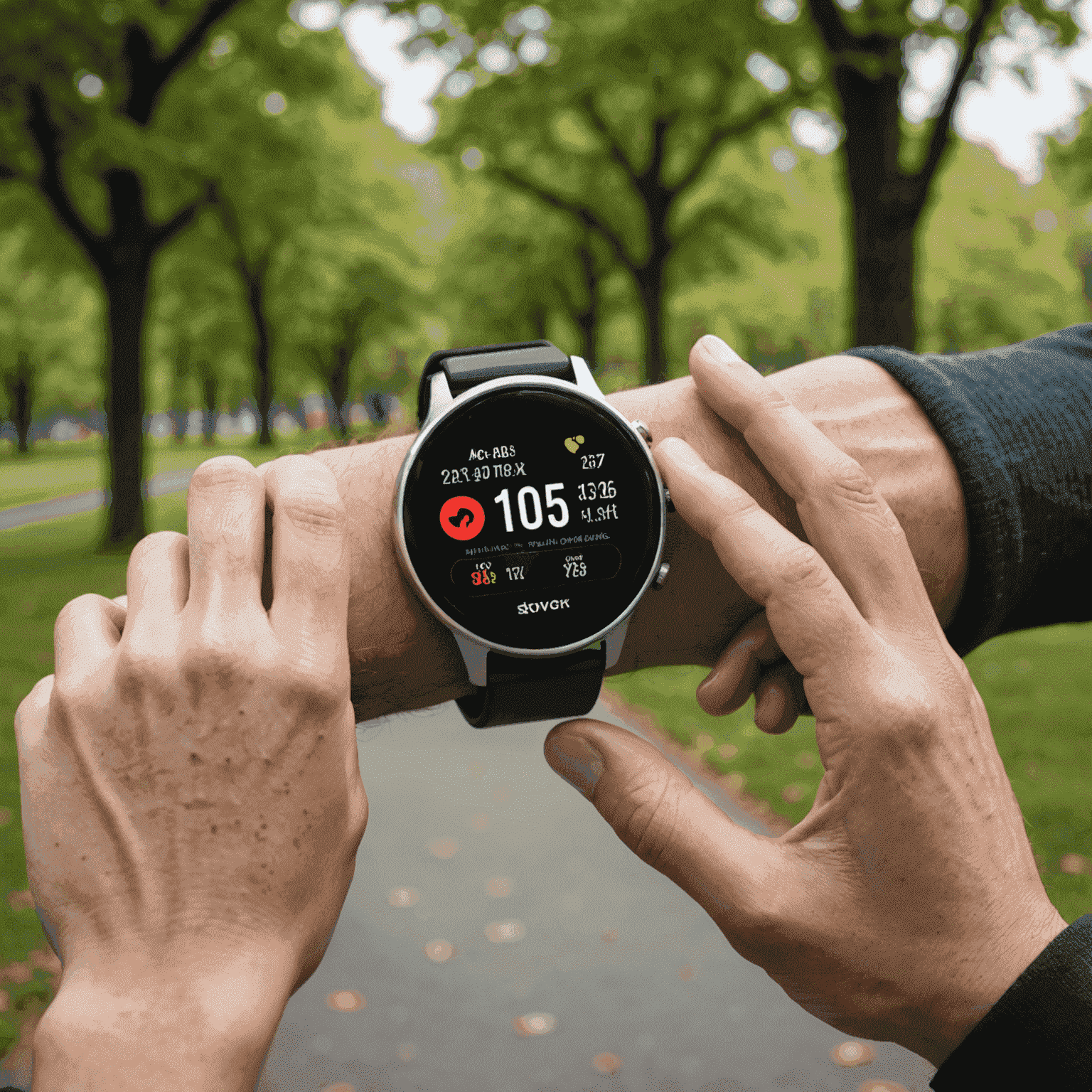 Pessoa usando um smartwatch durante um treino de corrida em um parque, com a tela do relógio mostrando métricas de corrida como ritmo, distância e frequência cardíaca