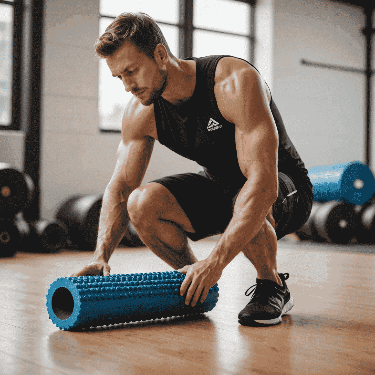 Atleta usando um rolo de espuma para massagear as pernas após o treino